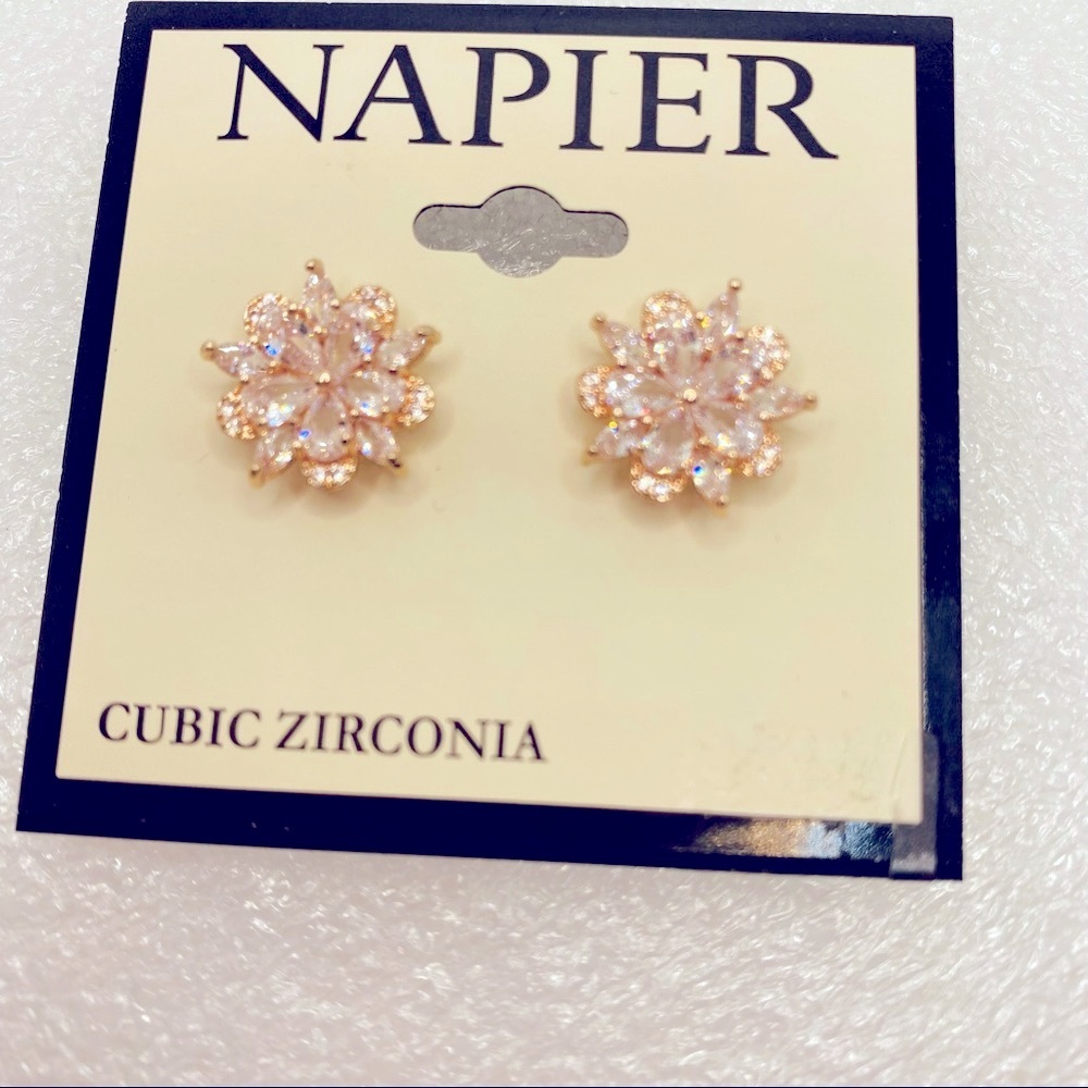 Earrings Napier Star Bursts CZ in Golden tone setting.. Pierced